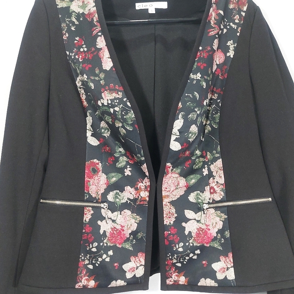 Cleo Open Front Floral Lined Black Pink Blazer Jacket, Medium - Picture 2 of 15